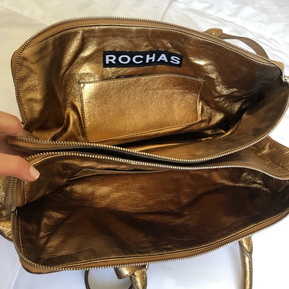ROCHAS - Gold metallic double satchel leather bag - Picture 3 of 8